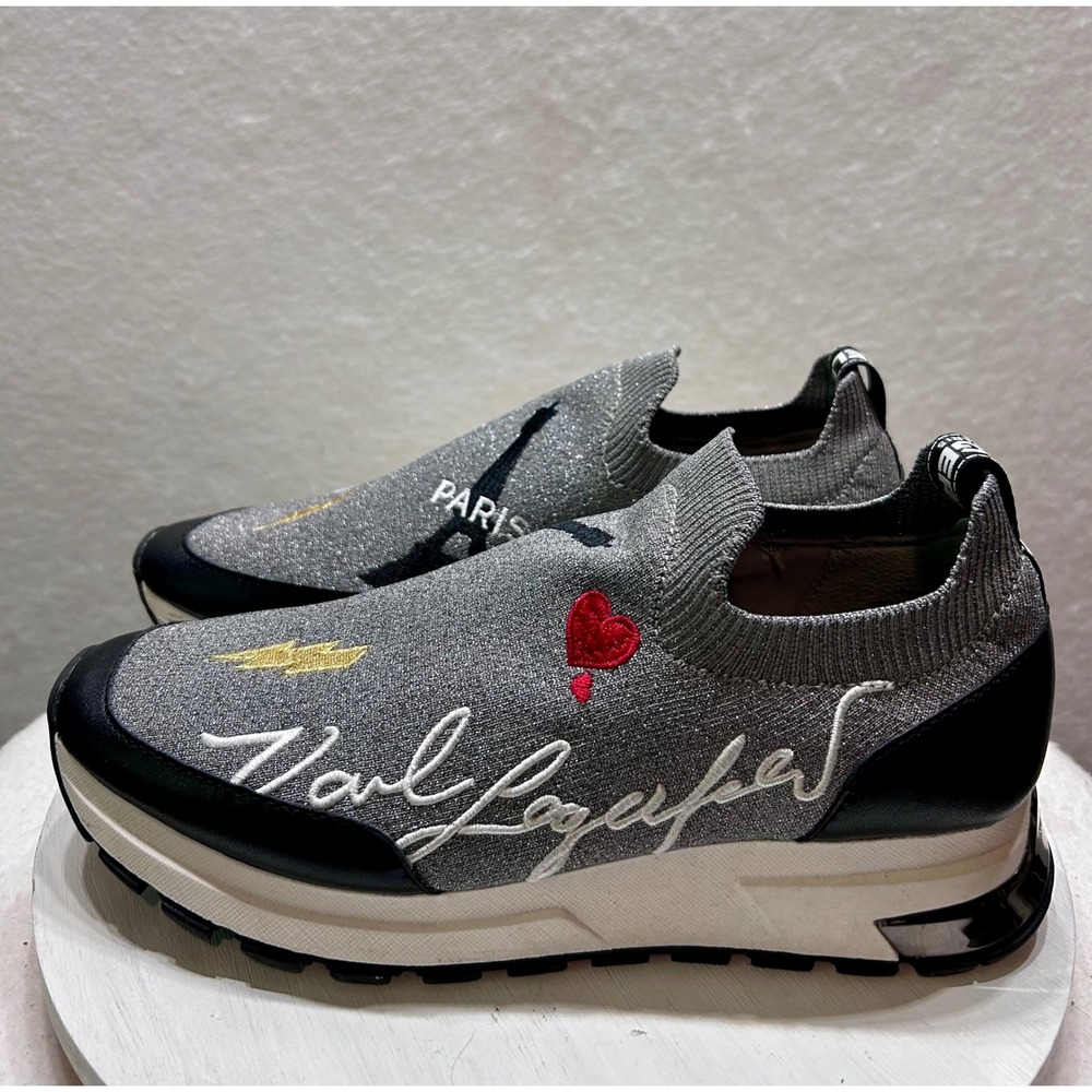 Karl Lagerfeld Paris Miranda Silver Knit Sock Sneakers Paris Hearts Women's 9.5M